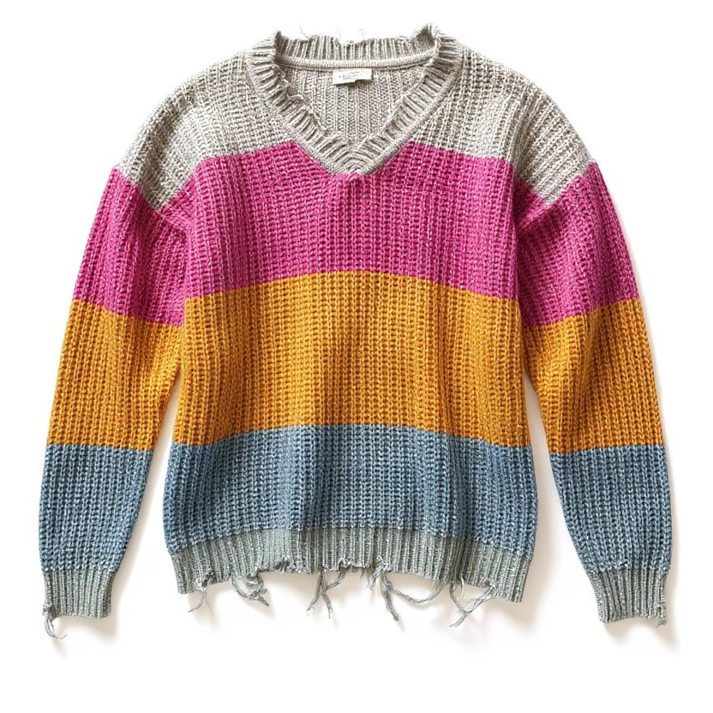 ANDREE BY UNIT | Distressed V-Neck Sweater in Pink, Orange, and Gray | Sz Small